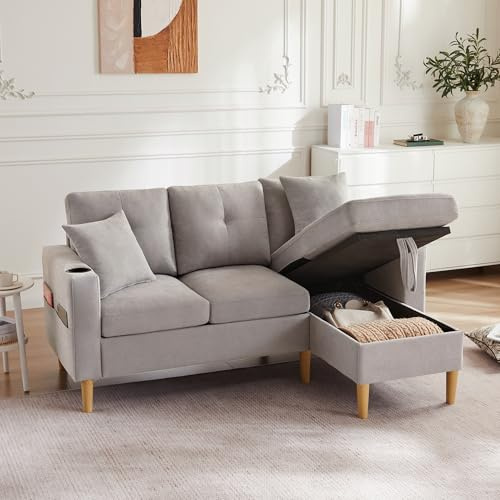 YuQozii L-förmiges modernes Sofa, 3-Sitzer-Sofa mit Chaiselongue, Stauraum, integriertem Getränkehalter, Wird mit 2 Kissen geliefert, geeignet für Wohnzimmer, Büro, Wohnung usw. (Hellgrau)