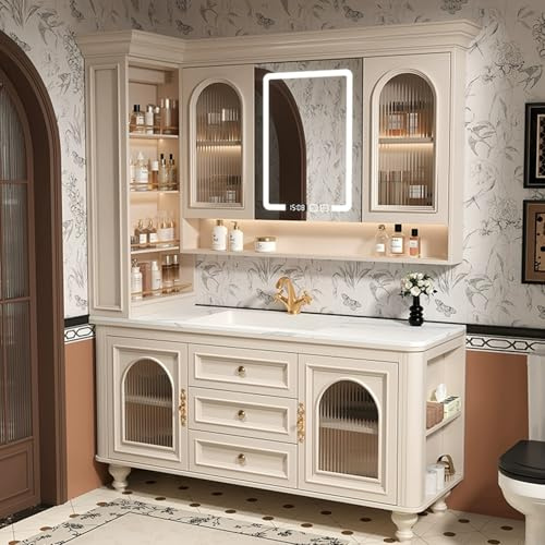ARKCHIU Set di Mobili da Bagno, con Lavandino, Armadietto Specchio, Mobili da Bagno con Lavabo, Set RubinettoBeige,120cm/47in