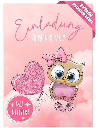 ZETTMANN Eule Einladungskarten Kindergeburtstag Mädchen & Jungen - DIN A6 Format mit Spezial-Glitzer-Effekt - 10 Premium Einladungen - gut beschreibbar - klimaneutral & BPA frei für Kinder