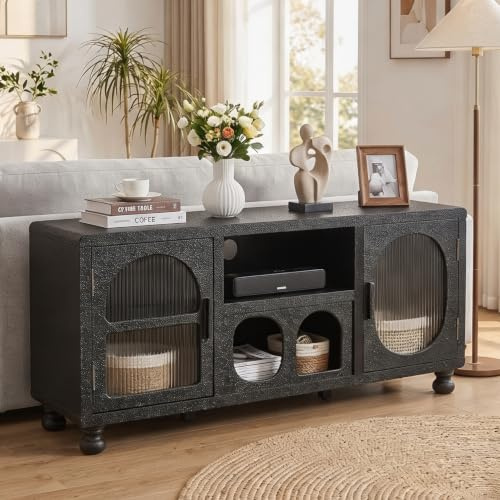 Ya-Home Sideboard, Küchenschrank mit 2 Glastüren, Schwarz | Aufbewahrungsschrank mit Arbeitsplatte & Ablagen, Buffetschrank für Wohnzimmer, Küche, 120 x 37 x 56 cm