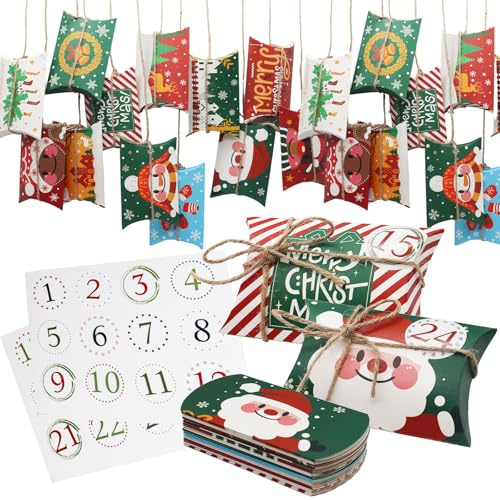 Adventskalender zum Befüllen, DIY Adventskalender zum Selbstbefüllen mit Kartons, Stickern und Juteschnur, Kleine Geschenkkartons, Kissen-Kästen, für Weihnachten, Süßigkeiten, Nuss
