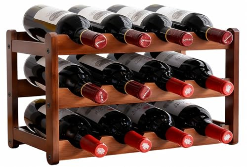 Range-Bouteilles en Bambou, Casier à Bouteilles 3 Niveaux, 12 Bouteilles | Rangement Horizontal pour Bouteilles de Vin, Autoportant et Compact, pour Cuisine, Bar, Cave ou Cellier, 43 × 23,5 × 27 cm