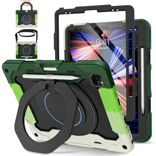 ROISKIN for iPad 12.9 Pro Case 6th/5th/4th/3rd Gen 2022/2021/2020/2018 | Military Protective Cover for 12.9 inch iPad with Screen Protector,Pencil Holder,Rotating Stand,Shoulder Strap, Black-Green