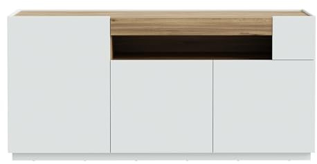 Forte Lewisville Sideboard 180, minimalistisches Sideboard, 3-türig, offenes Fach, Holzwerkstoff, Wohnzimmer, Secret Grey | Valenica Eiche Holzdekor, 179,4 cm breit x 85,6 cm hoch x 41 cm tief