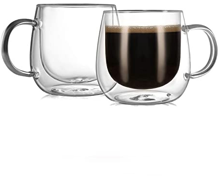 CNGLASS Insulated Double Wall Glass Coffee Mugs 350ml, Thermal Borosilicate Cups with Handle Set of 2