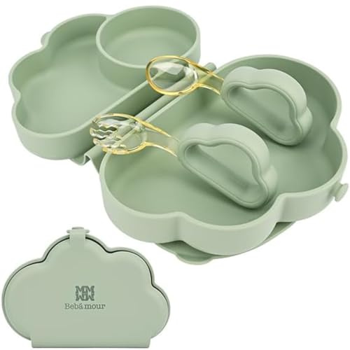 Bebamour Kleinkinder Besteckset mit Saugteller, BPA-freies Silikon Essset, ergonomische Gabel & Löffel, spülmaschinenfest für Kinder 2-4 Jahre,Green