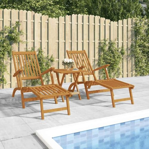 Kaloriko Chaises Longues d'extérieur en Bois d'acacia Massif avec Repose-Pieds, Table Pliable, Dossier réglable, 2 fauteuils Relax inclinables pour Jardin, terrasse, Balcon, Piscine, Patio