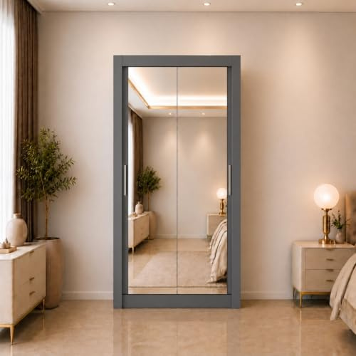 Distro Direct Furniture (DDF) Maple Full Mirror Sliding Door Wardrobe Bedroom Storage 6 Sizes 4 Colours (Grey, 100cm)