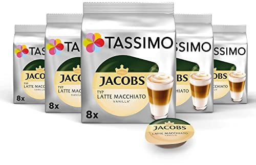 Tassimo Jacobs Latte Macchiato Vanilla, Coffee, Roasted, 16 T-Discs / 8 Servings, 268 g (Pack of 5)