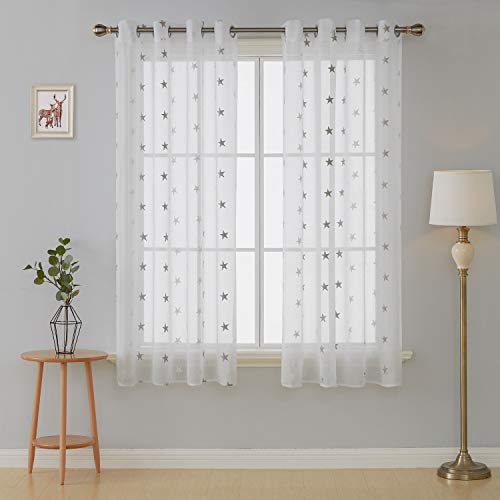 Deconovo Voile Vorhänge Leinenoptik Vorhänge Ösen Durchsichtig Gardinenschals mit Stickerei Stern, 138x140 cm(HöhexBreite), Hellgrau, 2er Set