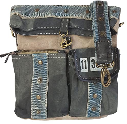 Sunsa Taschen. Umhängetasche. Damen Tasche. Damentasche mit Viele Frontfächern. Große Handtasche aus Canvas/Leinwand und Leder. Vintage Unisextasche. Geschenk für Sie/Ihn (schwarz)