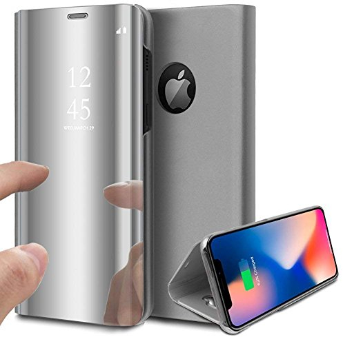 Herbests Hülle Kompatibel mit iPhone XS Max Spiegel Handyhülle Ledertasche Überzug Mirror Case Clear View Flip Cover Hülle Bookstyle Handyhülle Lederhülle mit Standfunktion,Silber