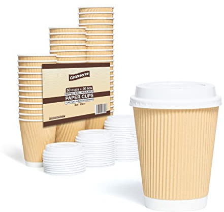 Caterserve Paper Cups for Tea and Coffee Takeaway Drinks Insulated Ripple Wall (12oz 50 Cups 50 Lids)