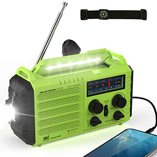 Emergency Radio,5000 Hand Crank Solar NOAA Weather Radio,AM/FM Portable Battery Operated Radio with 5-Way Power,Phone Charger,Flashlight&Reading Lamp,Earbud Jack,Compass,SOS Alert for Home,Survival