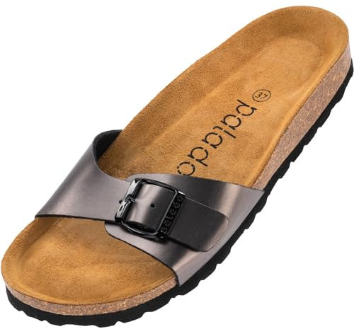 Palado Pantoletten Damen Malta Arizona – gefertigt aus hochwertigem Material – moderne Metallic-Oberfläche – weiches Veloursleder-Fußbett Anthrazit UK9,5 - EU43