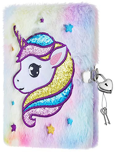 WERNNSAI Einhorn Journale Notizbücher für Kinder - Plüsch Tagebücher Einhorn Geschenk Notizblöcke Schule Büro Reise Notizbücher Hardcover Memos A5 Tagebücher mit Schlössern und Schlüsseln