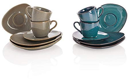 Kaffeeservice Triangolo 12-teilig | je 4 Teller, Tassen und Untertassen | blau/beige | mit Effekt-Glasur | Material: Steingut | spülmaschinen- und mikrowellengeeignet
