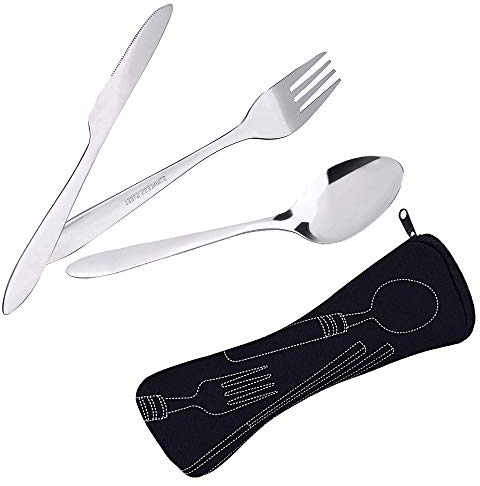 langjiao - Cubiertos para camping de acero inoxidable (cuchillo, tenedor, cuchara) con bolsa de neopreno, ideal para viajes y acampada, paquete de 3, negro