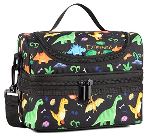 Kasgo Lunch Bag for Kids, Insulated Boys Lunch Box Bag Dual Compartment Kids Cooler Bag with Adjustable Shoulder Strap for School Picnic, Black Dinosaur