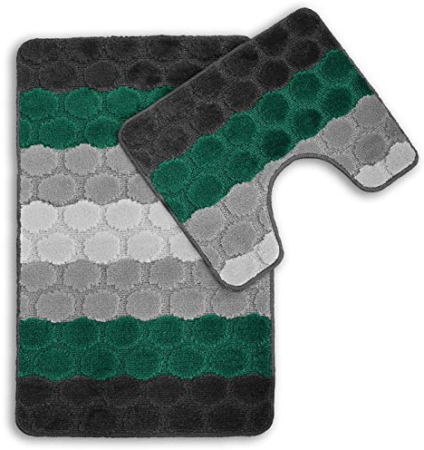 Velosso Non-Slip 2 Piece Bath Mat and Pedestal Mat - Soft and Absorbent Hex Striped Design - Greek Key Plain Quick Dry and Slip Resistant Bathroom Mat Set (Emerald/Grey)