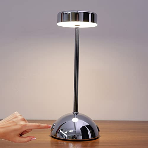 LANMOU Kabellose Bar Lampe, LED Akku Tischleuchte Vintage, Tragbare Aufladbar Tischlampe für Innen und Außen, Touch Dimmbare Schreibtischlampe Metall, 3 Beleuchtungsmodi, 2000-mAh,Chrome