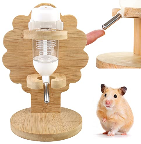 Hamster Water Bottle with Stand, Adjustable Wooden Small Animal Water Dispenser Stand, Free Standing Small Animal Water Bottle, Hamster Water Dispenser with Stand for Small Animals (80ml)