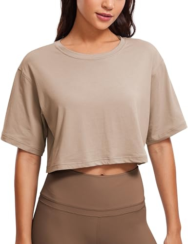 CRZ YOGA Femme Coton Pima Sports T-Shirt Col Rond Hauts Courts de Yoga Running Respirant et Confort À Manches Courtes Couleur du mortier 42