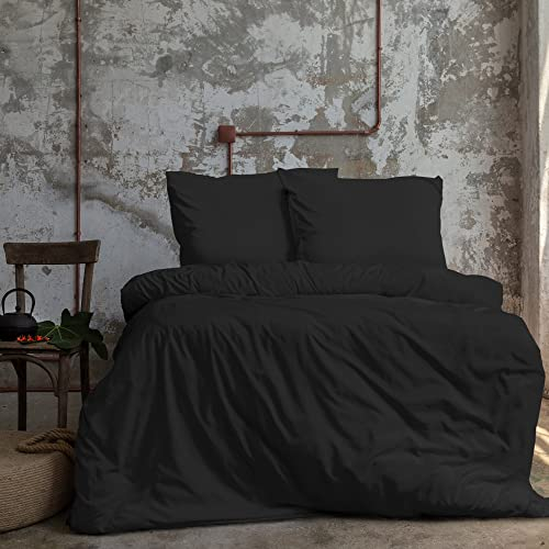 Komfortec Premium Bettwäsche 135x200 mit 1 Kissenbezug 80x80 cm Set aus Gebürstetes Mikrofaser - Schwarz