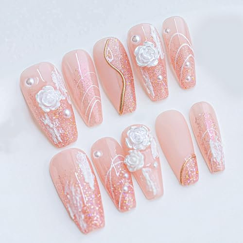 Sun&Beam Nails Handmade Press On Nail Long Coffin Ballerina Pink Flower Acrylic Fake Tip 3D Design Art Charms Cute with Storage Box 10 Pcs (M)