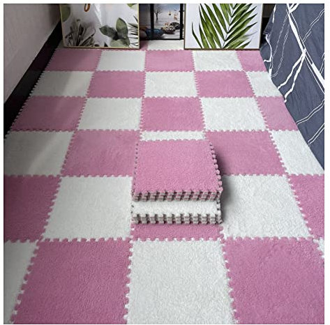 16 Stück Ineinandergreifende Plüsch-Schaumstoff-Fußmatten, Warmer Teppich, Ineinandergreifende Bodenfliesen, 30 X 30 cm Große Puzzle-Spielmatten Für Schlafzimmer, Spiel(Color:Rosa+Weiß)
