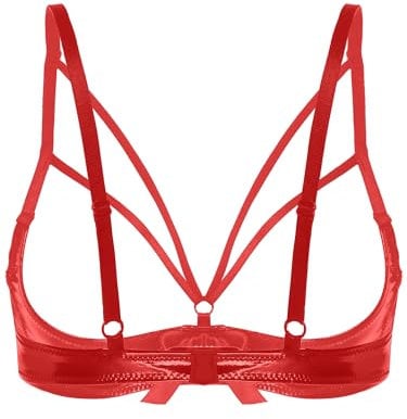 CHICTRY Women's PVC Leather 1/4 Cups Shelf Bra Top Underwired Open Nipple Push Up Bralette Lingerie Red M