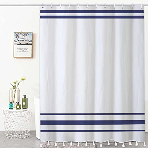 Bovlleetd Tenda da Doccia Nappa Blu Navy Boho a Righe Minimalista Moderna per Bagno con Nappe in Tessuto Impermeabile per la Decorazione del Bagno 153x183cm