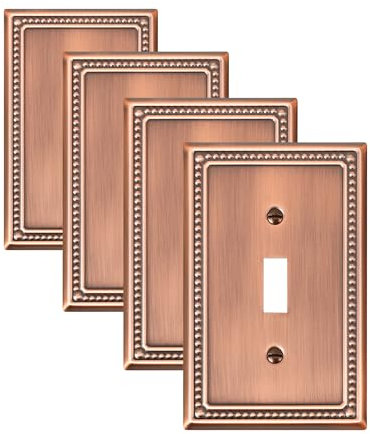 TREEWELL 4er-Pack Einzel-Kipp-Lichtschalter-Abdeckplatte, Perlen, dekorative Schalterplattenabdeckungen, antikes Kupfer, 1-Gang-Metall-Wandplatte, korrosionsbeständig