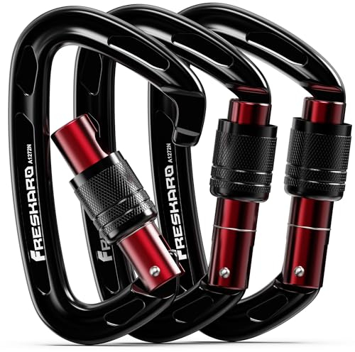 FresKaro Mousqueton d’Escalade, mousquetons en Aluminium, Mousqueton à vis, 25kN-2550kg, Double Verrouillage torsadé, Solide, pour Laisse de Chien, Pompier, hamac, Porte-clés, CE UIAA, Noir 3pièces