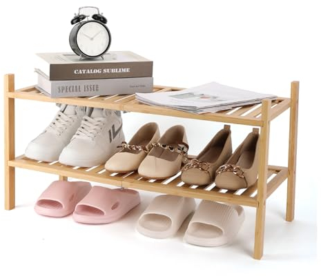Akloya Bamboo Shoe Rack, Multipurpose 2 Tier Shoe Organizers，Small Shelfs for Shoes, Plants, Books, Living Room, Hallway Bedroom, Bathroom (2 Tier)