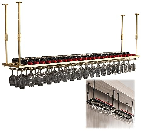 LIGUOYI Weinglashalterung Hangend, Stielgläserregal Installation Der Decke Breite Und Höhe Verstellbar, Gläserschiene Mit Schrauben Platzsparend, Für Küche Schwarz/Gold Flaschen- Und Glashalte