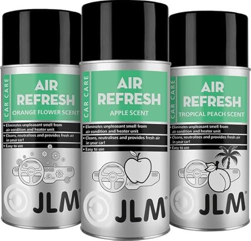 JLM Lubricants Lufterfrischer 3-Set, Duft - Tropical Peach, Apfel und Orange Flower - für Klimaanlagen und Umluftsystemen in Fahrzeugen - Spray zur Auffrischung - 3 x 150ml