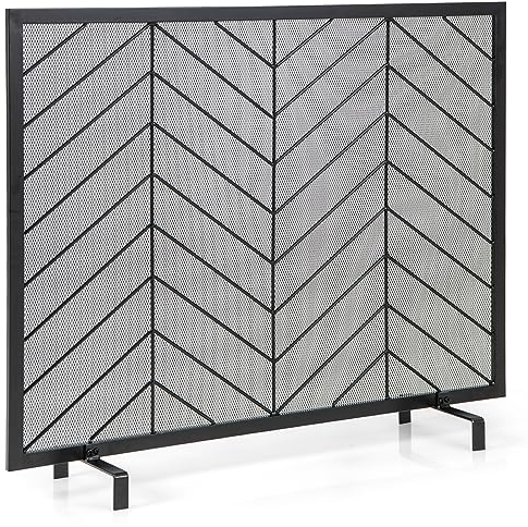 COSTWAY Iron Fire Panel, Spark Flame Barrier Screen, Wide Metal Mesh Safety Fire Place Guard for Wood and Coal Firing, Stoves, Grills (98 x 22 x 80 cm, Legs Base, Black)