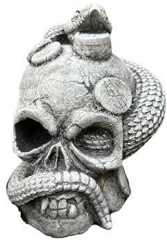 FABRIQ Dekofigur aus Kunststein, stimmungsvoller Totenkopf umhüllt von Einer Schlange, grau, Kunststein, frostbeständig, Horror, massiv L: 14cm W: 10cm H: 12cm Gewicht: 1,835kg