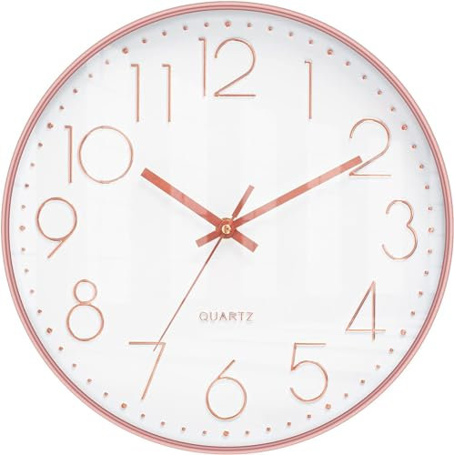 12 Rose Gold Wall Clock - Modern Quartz Design, Battery Operated, With Silent Quiet Movement Sweep | For Office, Home, Bathroom, Kitchen, Bedroom, School & Living Room Decor Clocks - 30cm