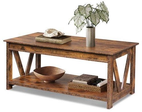 WLIVE Rustic Brown Wood Coffee Table with Storage Shelf, 110CM, 2-Tier Center Table for Living Room, Bedroom, Office and Balcony