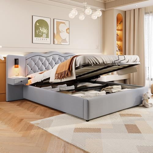 Ymkua Polsterbett Doppelbett 180x200 cm, Bett mit Stauraum und Lattenrost, Jugendbett Stauraumbett mit Kopfteil und Nachttisch, Bettgestell mit USB-Port und 2 lampen, Grau, Linen, ohne Matratze