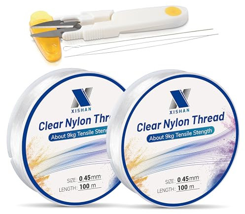 Pack of 2 Clear Fishing Wire 200m(0.45mmx100mx2 Spool),with 2 Needles,1 Scissor Fishing Line Clear Invisible Hanging Wire Strong Nylon String Thread for Balloon Garland Hanging Crafts Decorations