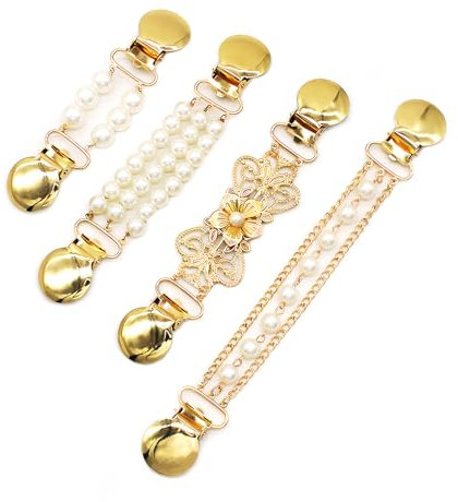 4 Stück Cardigan Clips Gold - Perlen Broschen für Kleidung - Brosche Ausschnitt Verkleinern - Blume Clips für Kleidung, Schal, Strickjacke, Umhang, Kragen Verschluss für Blusen, Kleider, Jacke