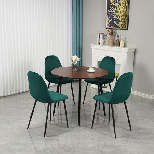 Runder Esstisch und Stühle Set 4, Moderner runder Nussbaum 80cm Küchentisch und samtgepolsterte Stühle 4, Stabile Metallbeine, für Home Office Esszimmer Wohnzimmer (grün)