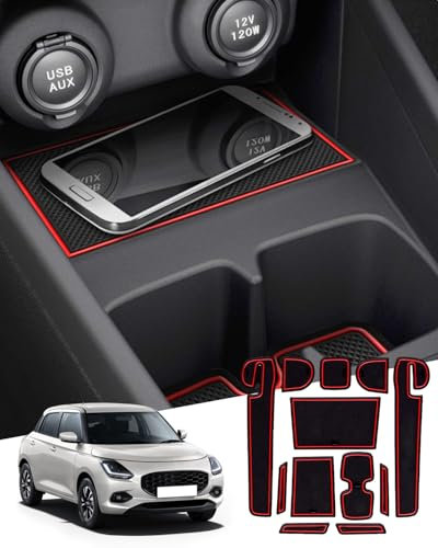WEIPIN kompatible Anti-Rutsch Gummimatten für Suzu-ki Swift/Sport/Hybrid 2017-2023, Armlehne Staubmatten, Cup Halter, Türnähen, Swift 2023 Zubehör(Rot)