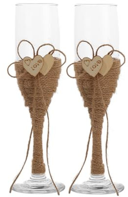 LUNLUN HOME Wedding Champagne Flutes Rustic Jute Rope Champagne Glasses with Wooden Heart Decorations Bridal Shower Gifts, Set of 2