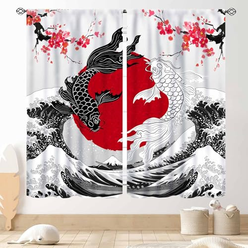 Japanische Vorhänge, asiatischer Stil, japanischer Anime, schwarz-weiß, Yin-Yang-Koi-Fisch, Kirschblüte, tolle Welle, orientalische Fenstervorhänge, Behandlungen für Schlafzimmer, Wohnzimmer, Küche,