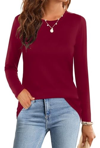 Elesomo Ladies Tops Crew Neck Long Sleeve Casual Plain T Shirts Women Blouses, Burgundy UK 10 12