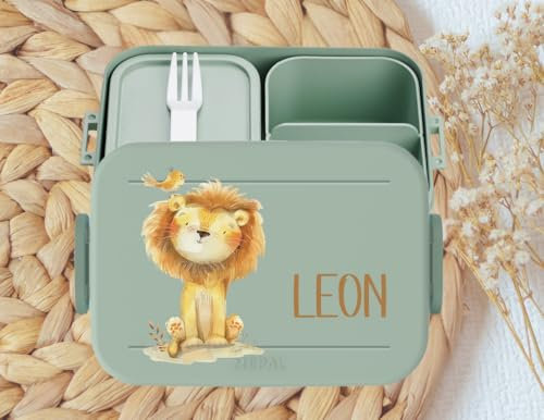 wolga-kreativ personalisierte Mepal Brotdose mit Löwe Motiv - Lunchbox Kinder, Jausenbox Kindergarten, Vesperdose Kinder mit Fächern, Pausenbox Einschulung